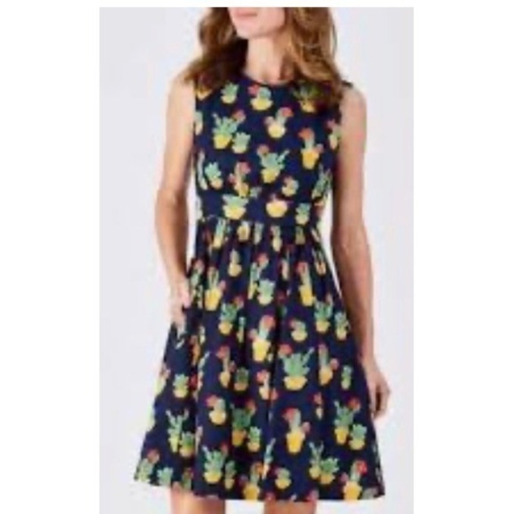 Emily and Fin Navy Blue Cactus Print Cotton Fit & Flare Retro Dress XXL NEW